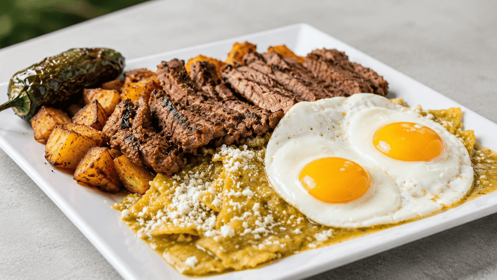 Steak chilaquiles with eggs and breakfast potatoes from Maiz Cafe